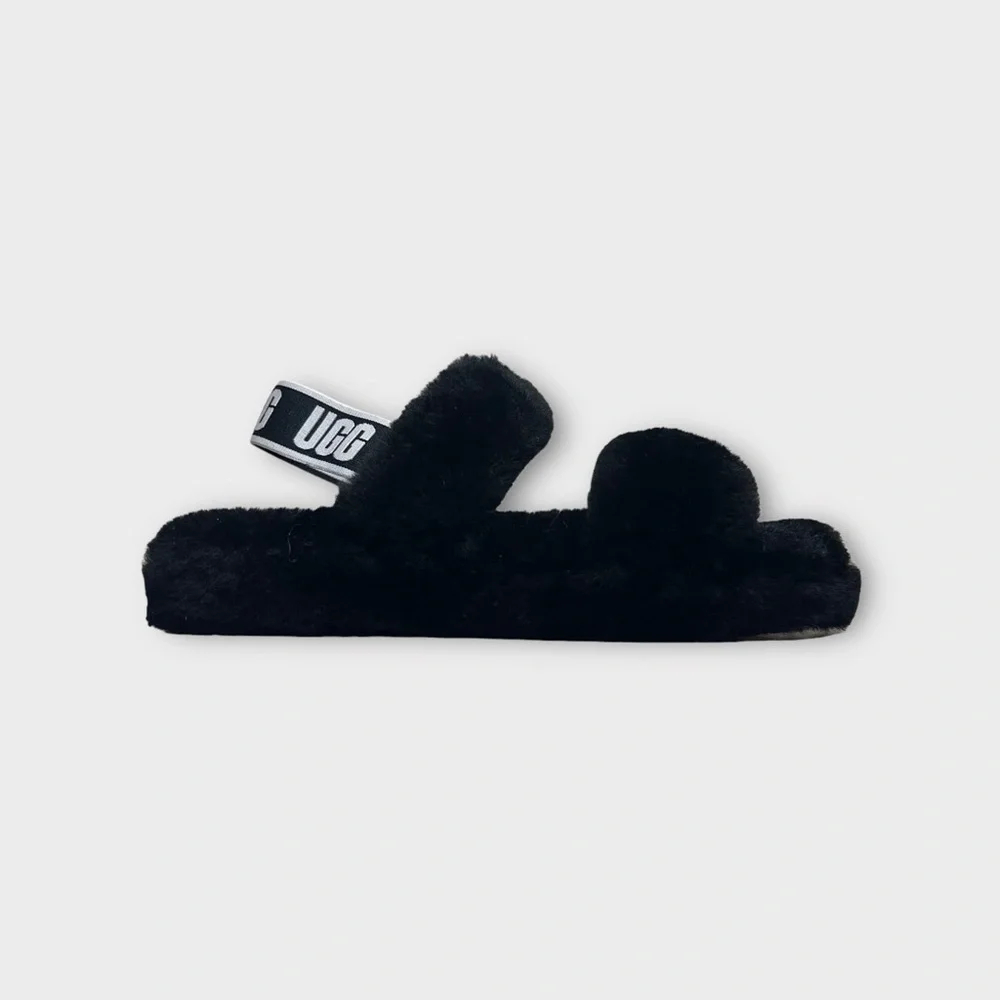 Ugg Black Double Strap Oh Yeah Fuzzy Slide Sandals